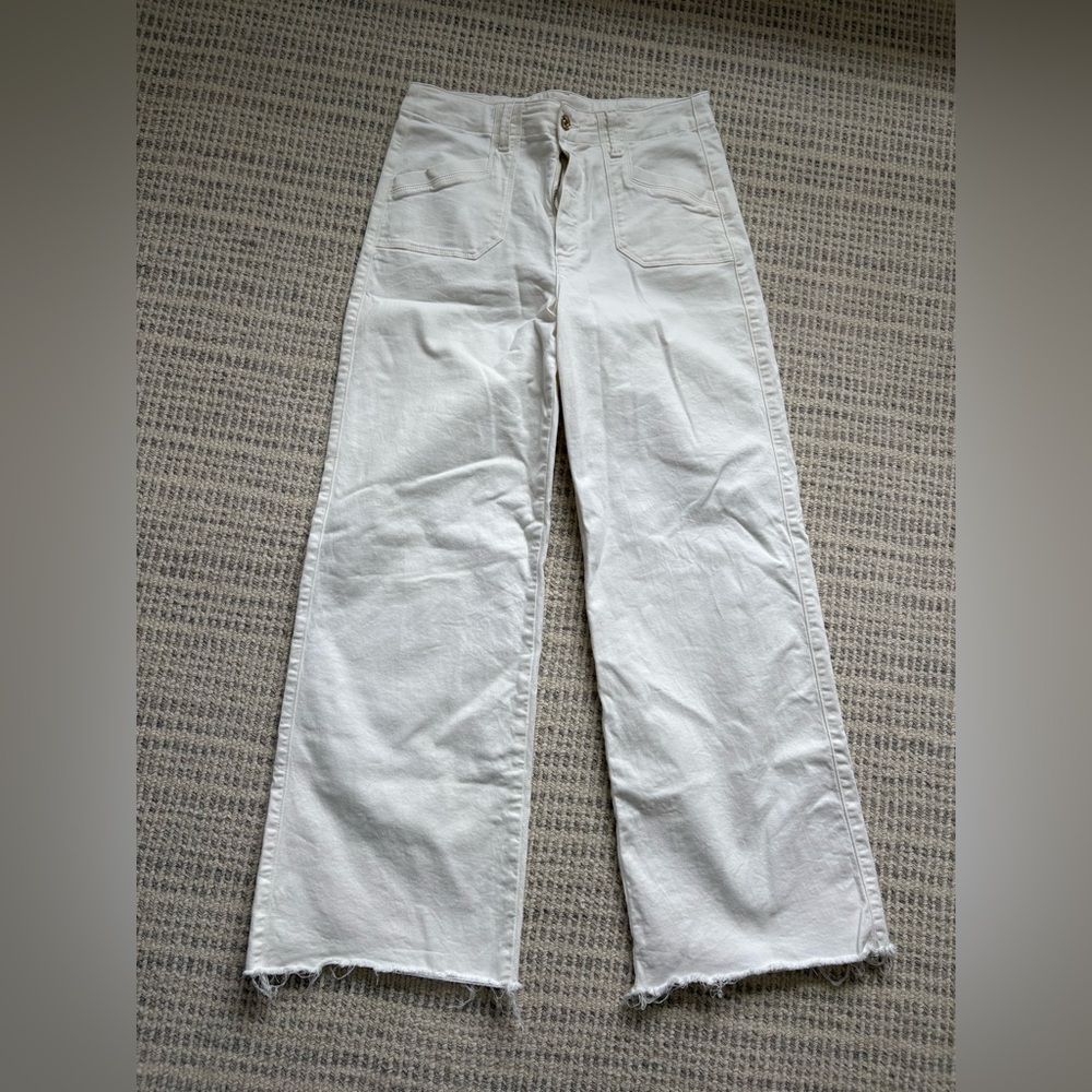 Paige White Cropped Wide Leg Jeans Raw Hem High Rise Size 30